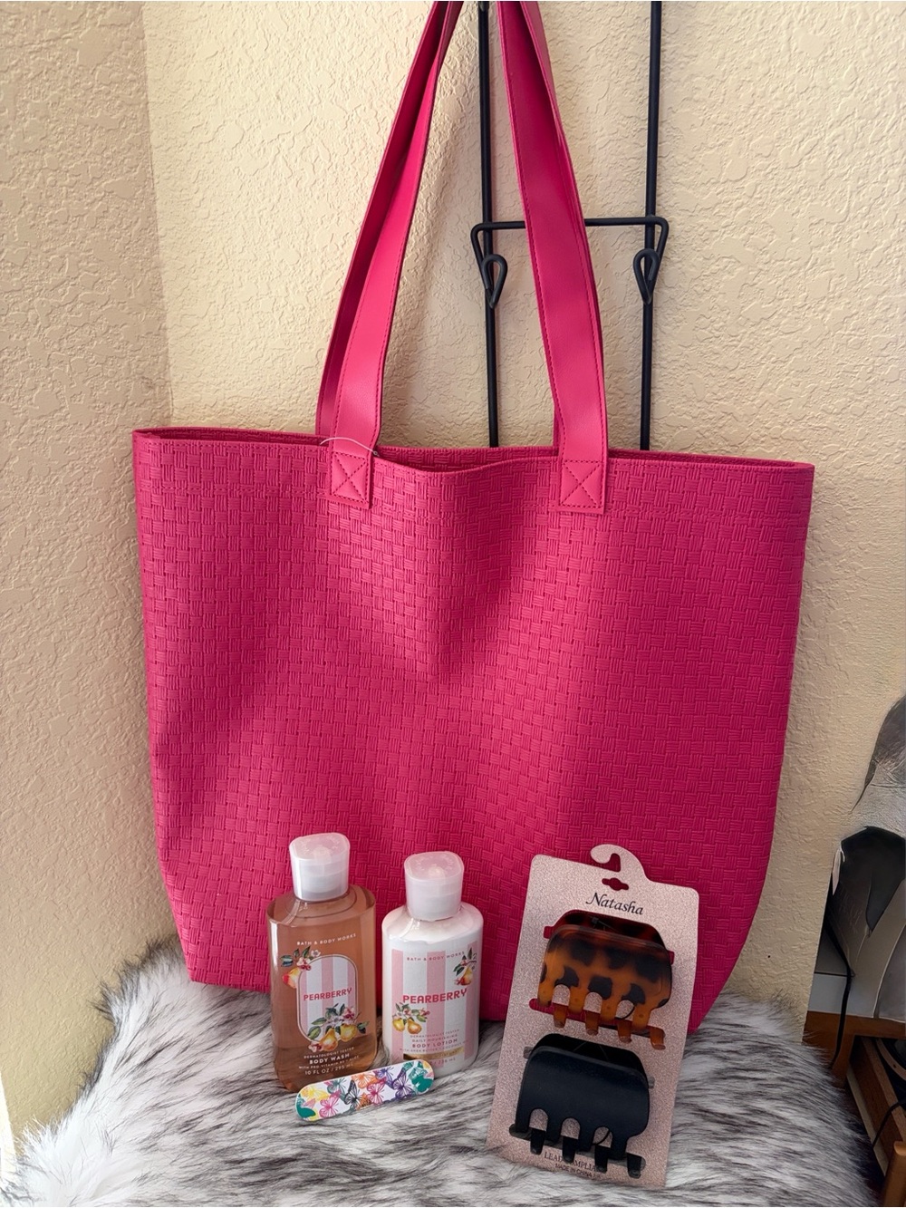 Bath & Body Works Hot Pink Woven Tote, Pearberry lotion and body wash.